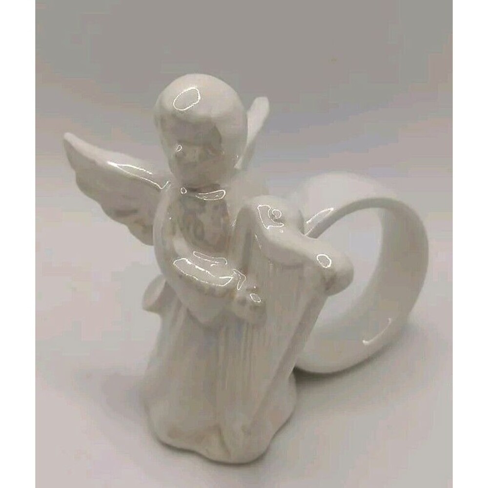Napkin Holders Angel Cherub Playing The Harp 4 White Glazed Porcelain Christmas